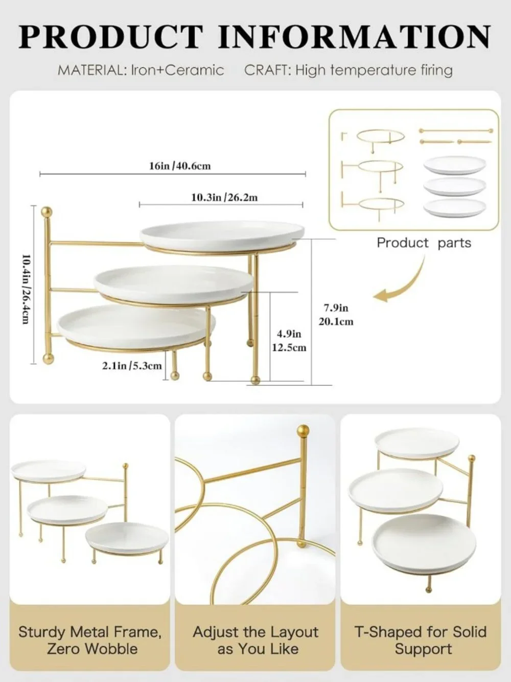 Elegant 3-Tier Serving Stand with White Porcelain Plates & Gold Metal Frame